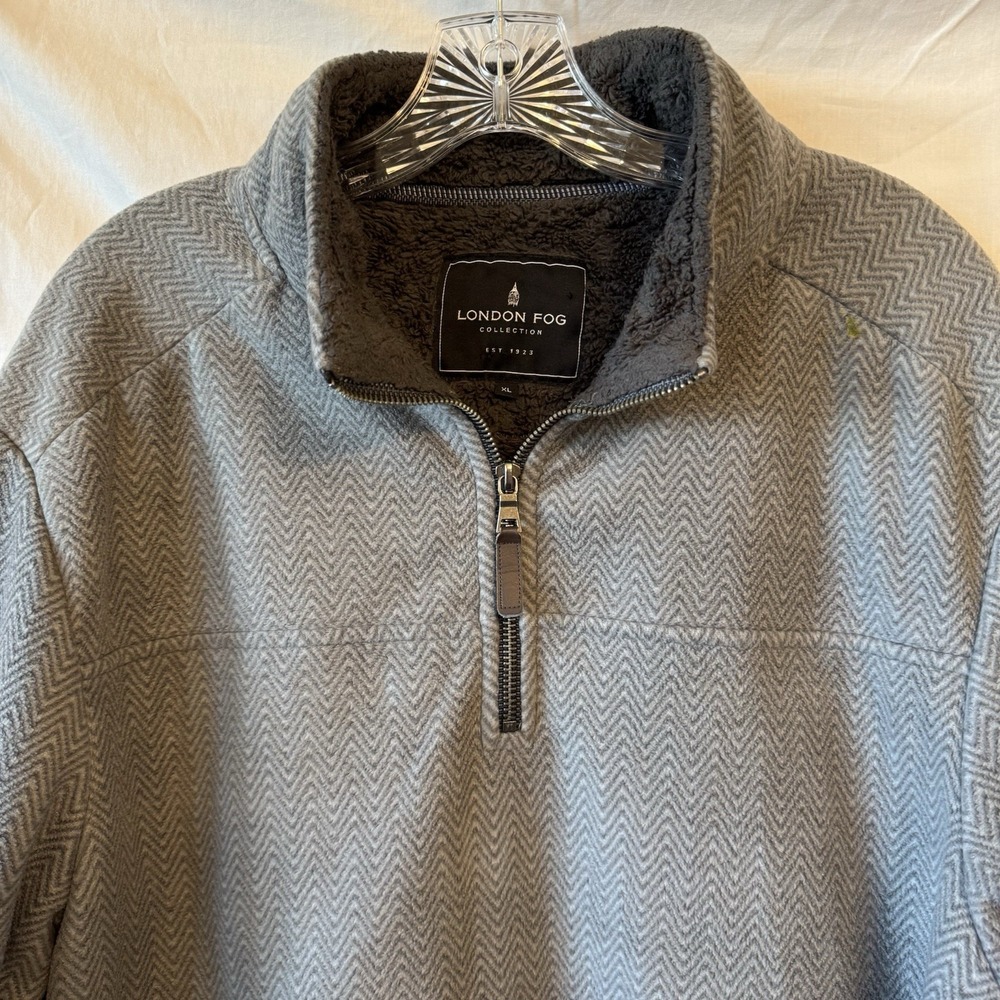 London Fog 1/4 Zip Pullover Mens Sz XL Gray Herringbone Sherpa Fleece Lined - Picture 4 of 13